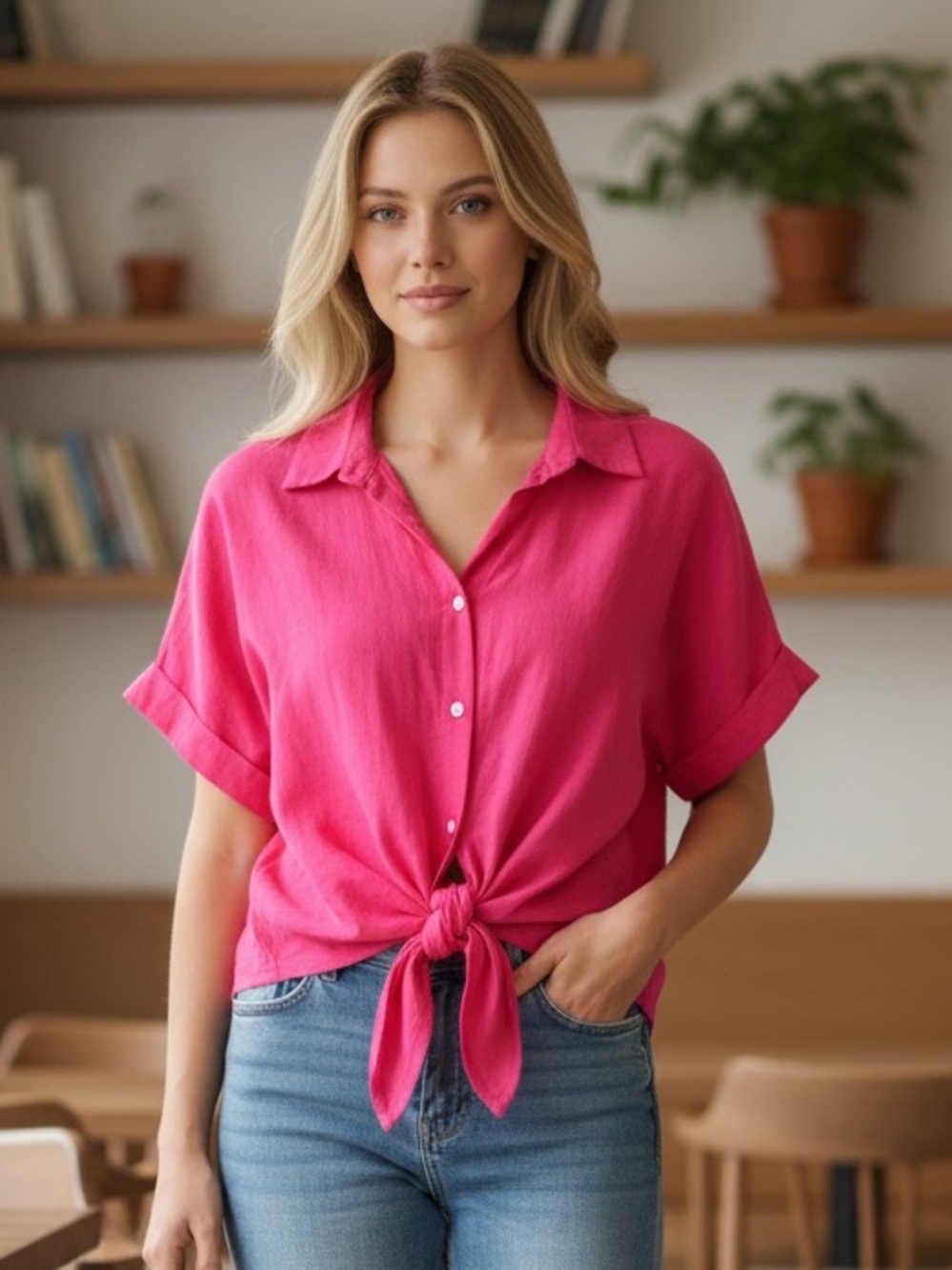 NWT Hint of Blush Fuchsia Blouse XXL Tie-Front Short Sleeve 2X High/Low Hem